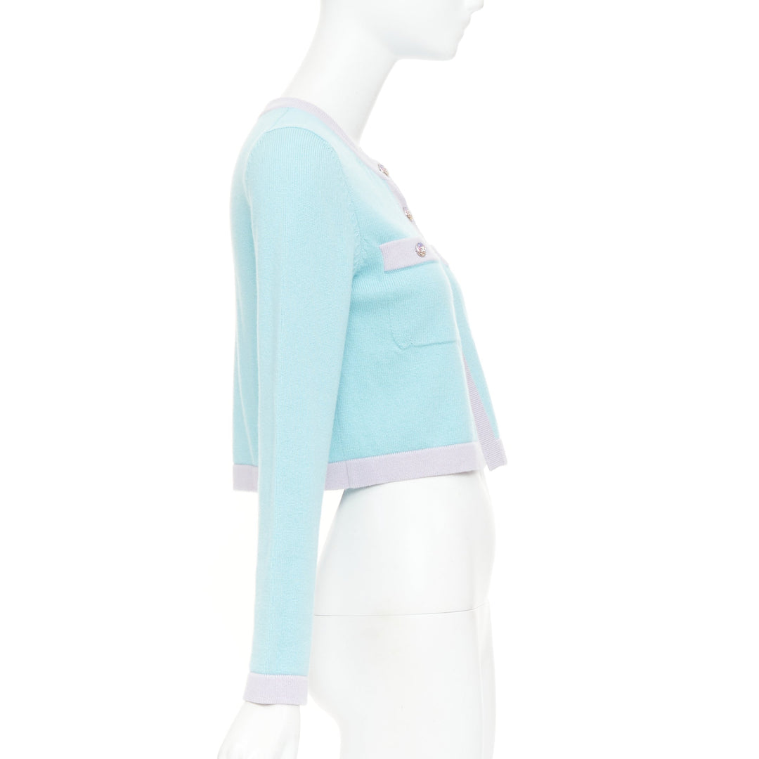 CHANEL 24C 100% cashmere pastel blue contrast trim glitter CC cropped cardigan F