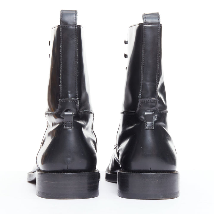 BALENCIAGA black polished leather lace up topstitch combat boots EU41