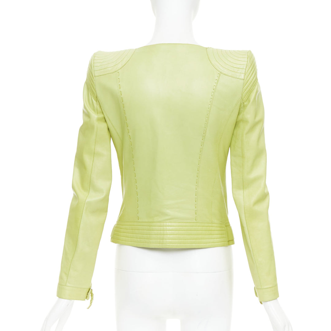 ROBERTO CAVALLI lime green leather moto power shoulder biker jacket IT38 XS