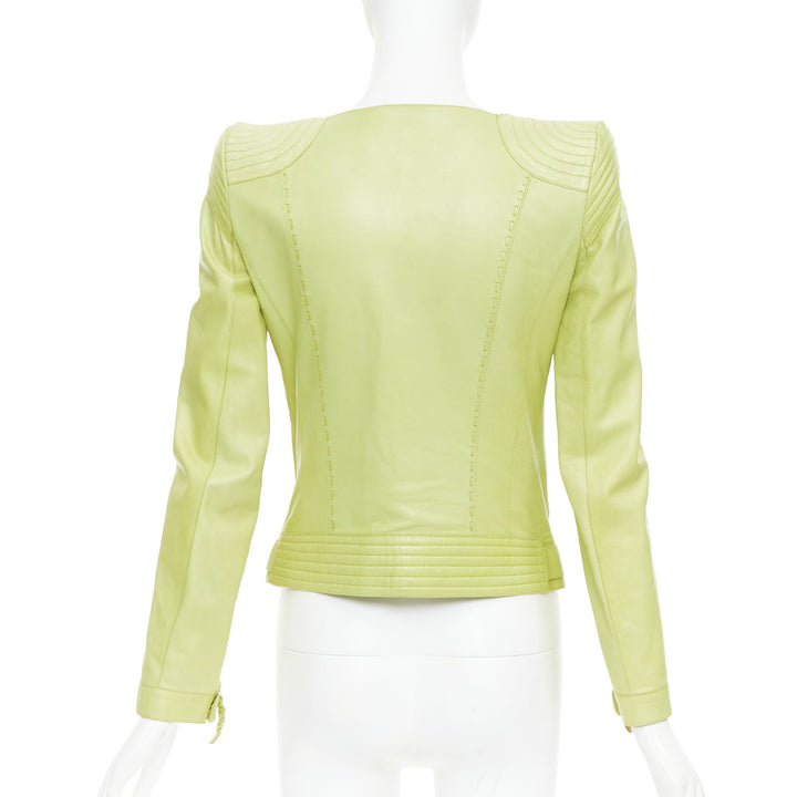 ROBERTO CAVALLI lime green leather moto power shoulder biker jacket IT38 XS