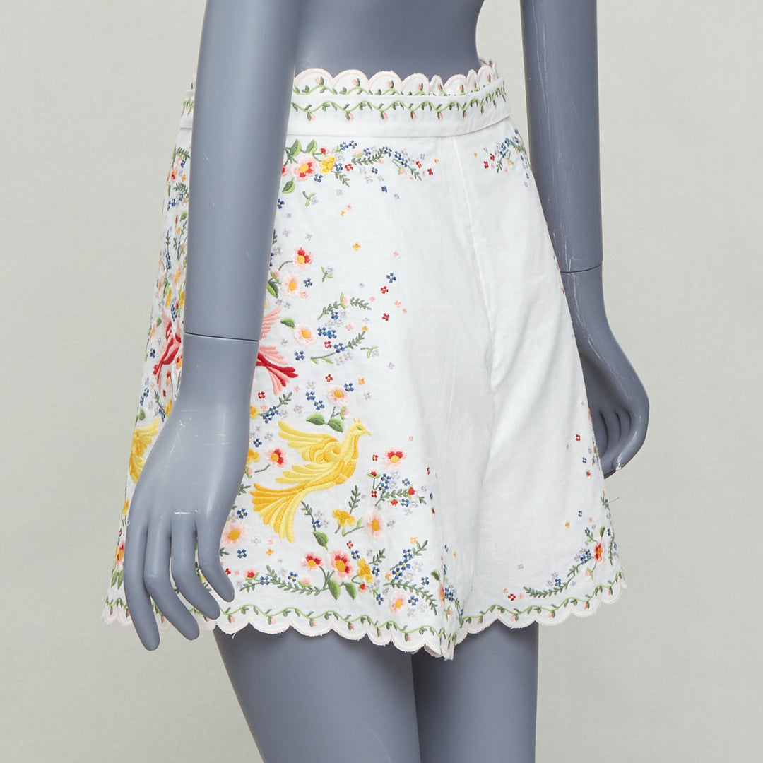 ZIMMERMANN Carnaby white linen cotton phoenix embroidery scallop shorts US2 S2