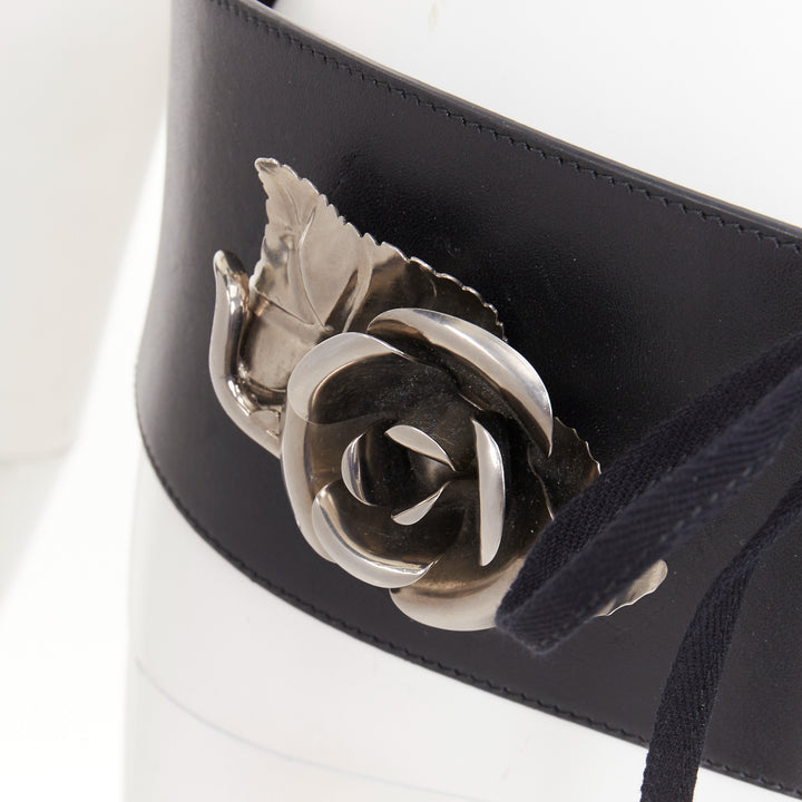 PRADA 2016 Runway black silver 3D rose embellished floral corset belt 80cm
