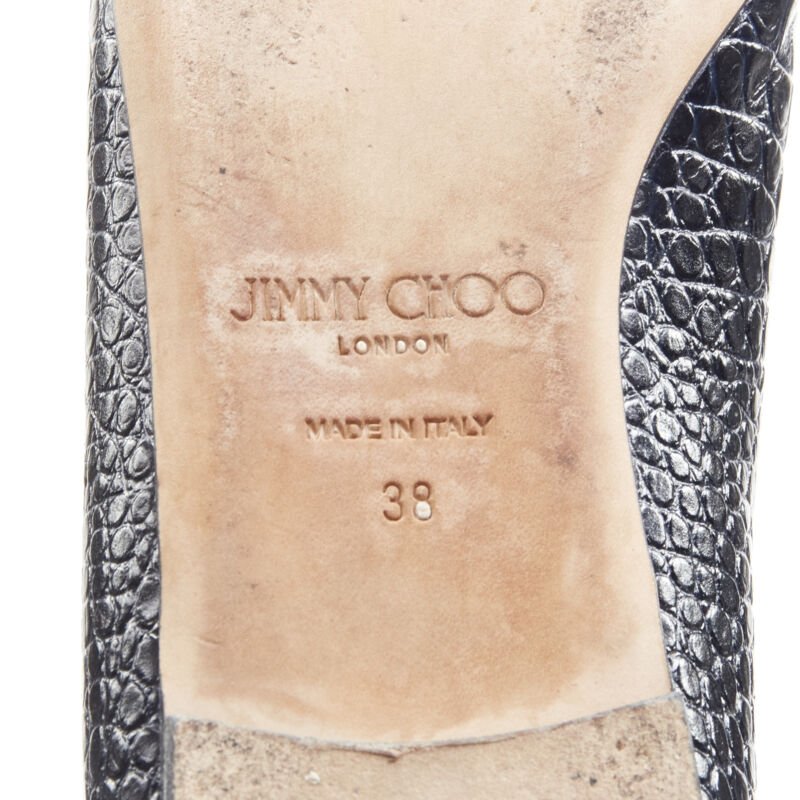 JIMMY CHOO black navy mock croc leather square toe JC charm flats EU38