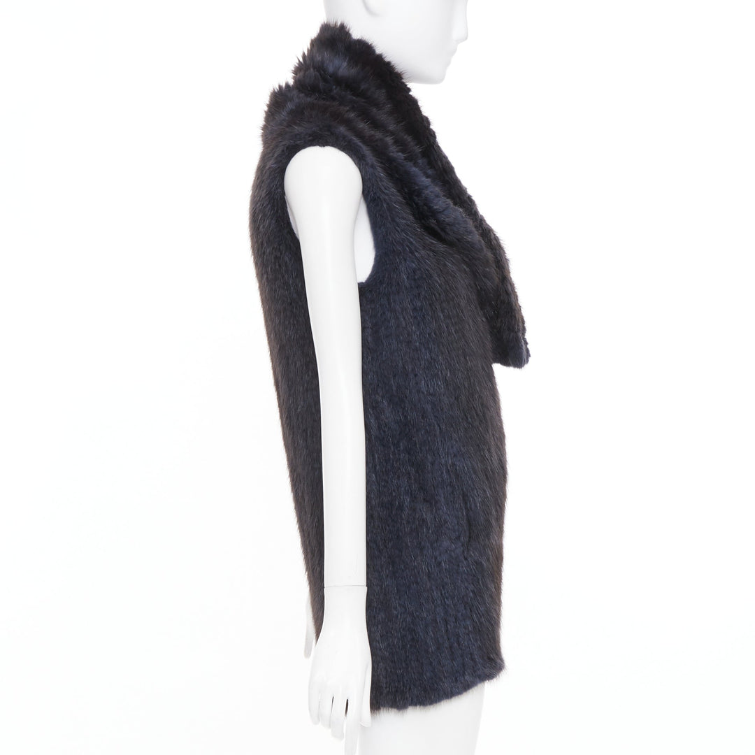 SYMETRIE PARIS black navy genuine fur satin snap buttons collared long gilet M