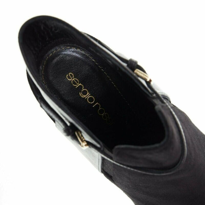 SERGIO ROSSI black suede leather strap buckle peep toe heel ankle bootie EU37