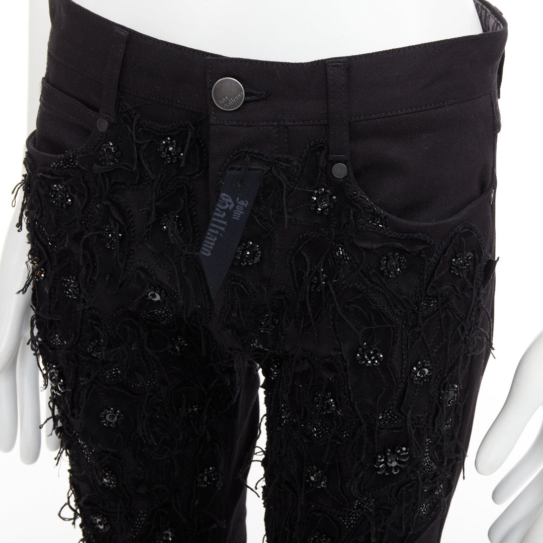 JOHN GALLIANO black cotton floral fringe embellished bootcut jeans FR46 S