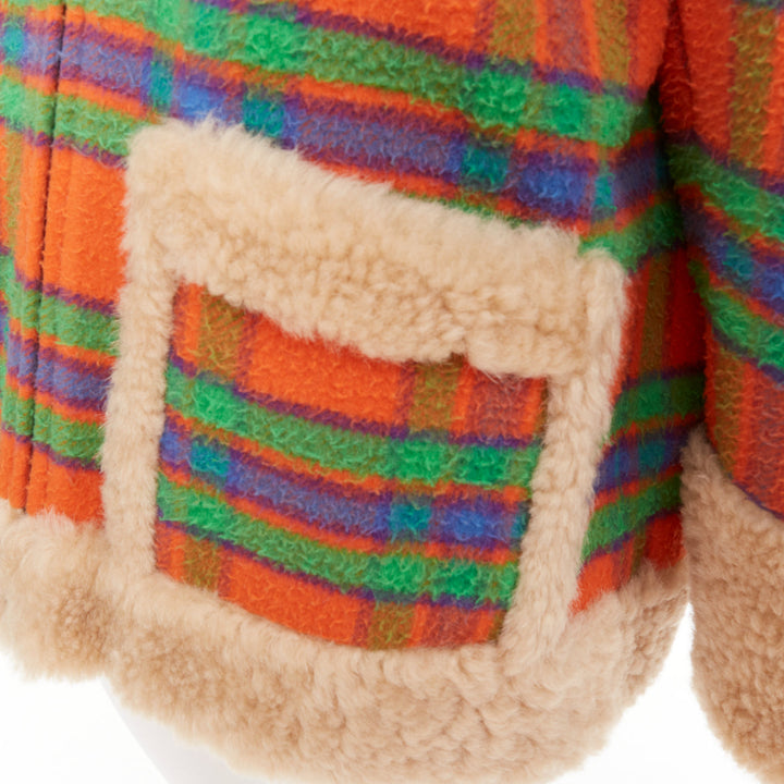 MIU MIU 2020 Plaid Casentino Shearling orange green fur trim boxy jacket IT38 XS