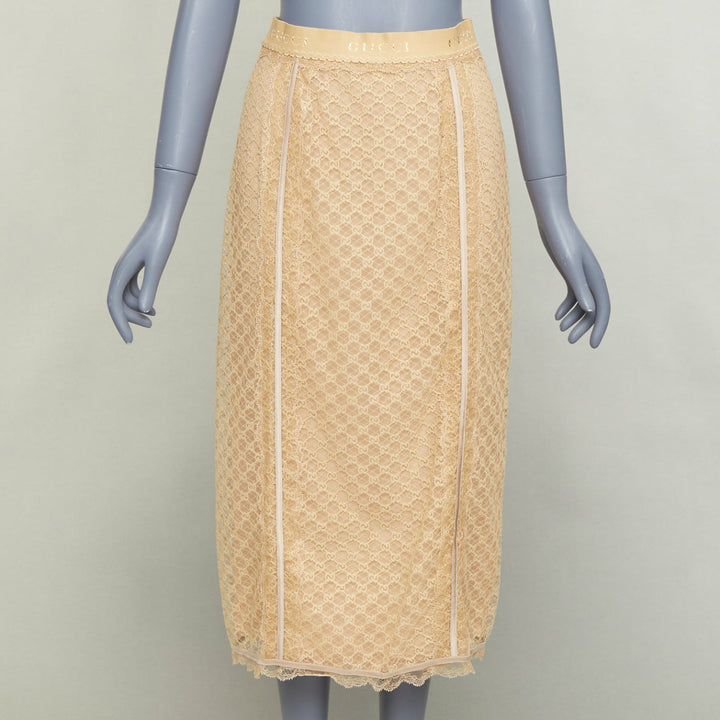 GUCCI 2022 Runway Aria beige nude GG mesh lace lingerie midi skirt M