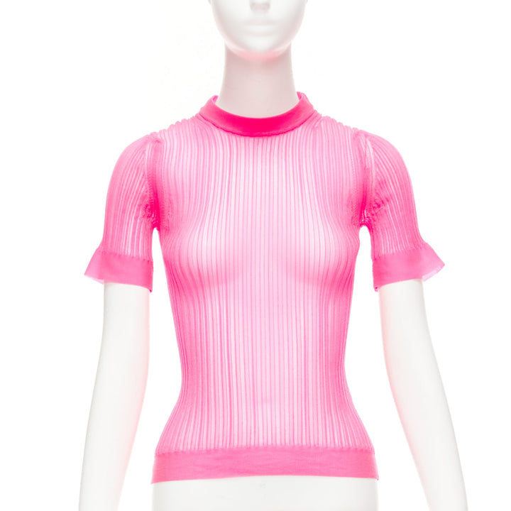 CECILIE BAHNSEN Fabienne neon pink ribber sheer crew flare sleeve top XS