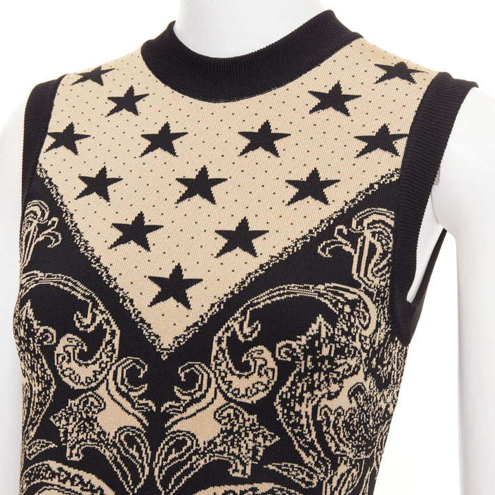 BALMAIN 2023 Ivoire Noir Star Baroque Paisley print intarsia knit dress FR36 S