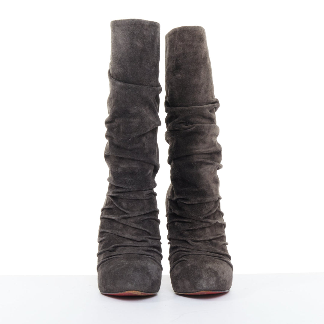 CHRISTIAN LOUBOUTIN Piros 120 charcoal gray suede ruched slouch boots EU37.5