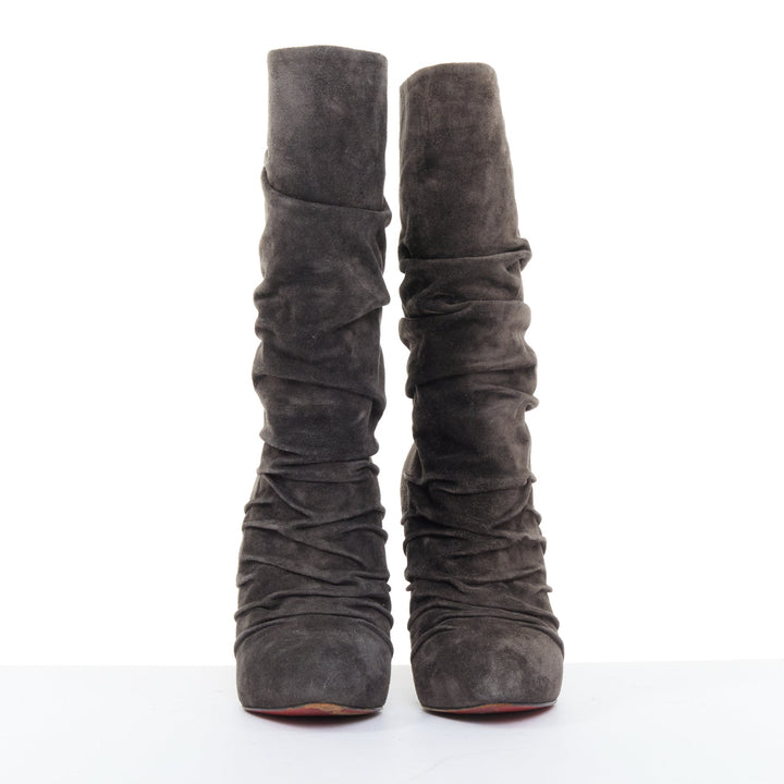 CHRISTIAN LOUBOUTIN Piros 120 charcoal gray suede ruched slouch boots EU37.5