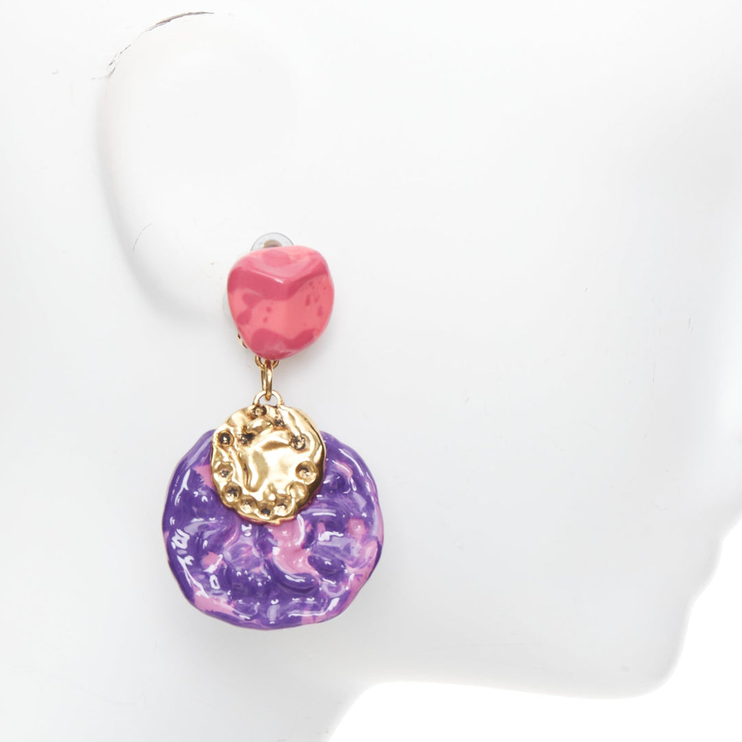 rare SAINT LAURENT 2022 Retro pink purple glazed resin brass clip earring Pair