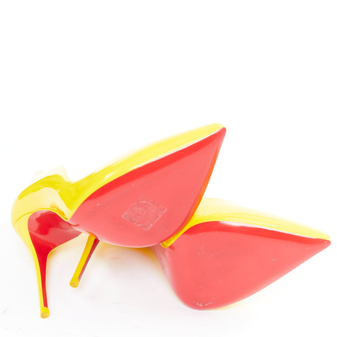 CHRISTIAN LOUBOUTIN Hot Chick 100 Patent citrus lemon scallop point pump EU37.5