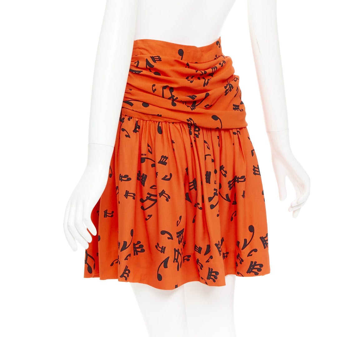 MIU MIU 2014 orange black viscose musical notes melody gathered skirt IT40 M