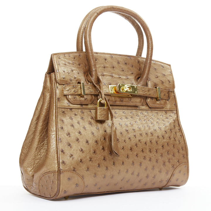 KWANPEN brown ostrich leather gold hardware top handle structured executive bag