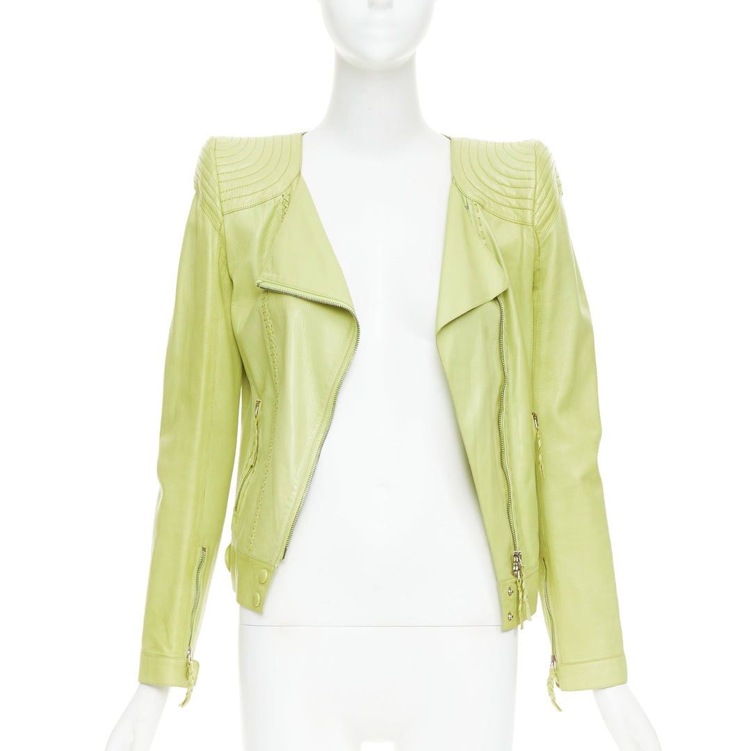 ROBERTO CAVALLI lime green leather moto power shoulder biker jacket IT38 XS