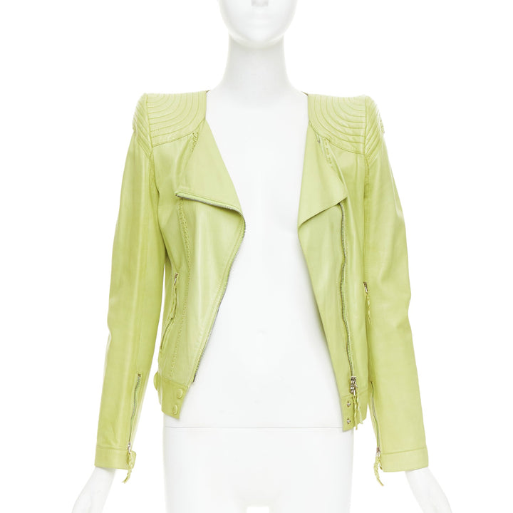 ROBERTO CAVALLI lime green leather moto power shoulder biker jacket IT38 XS