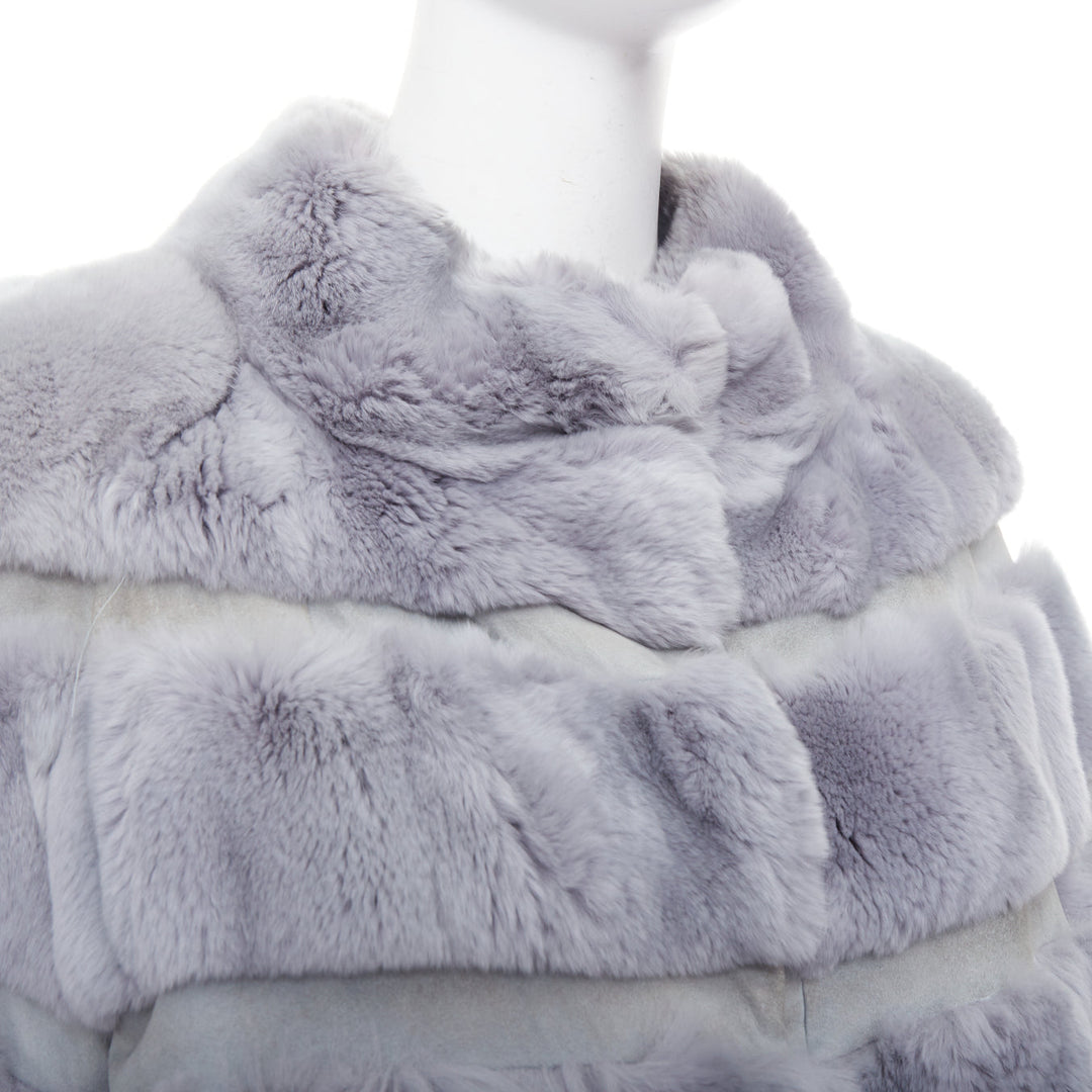 INNIU misty blue fur leather horizontal tiered long coat