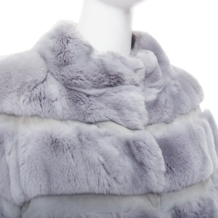 INNIU misty blue fur leather horizontal tiered long coat