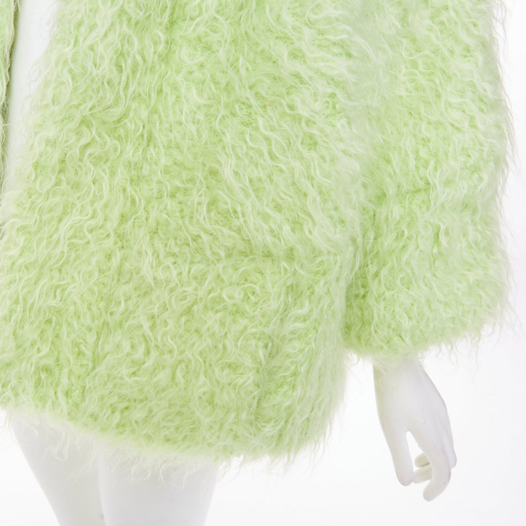 DRIES VAN NOTEN light green fuzzy mohair wool collarless loose open knit coat S