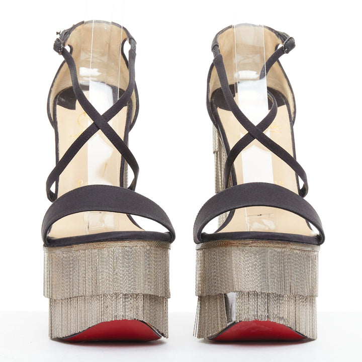 rare CHRISTIAN LOUBOUTIN Foxtrottissima 160 silver chain fringe wedges EU38