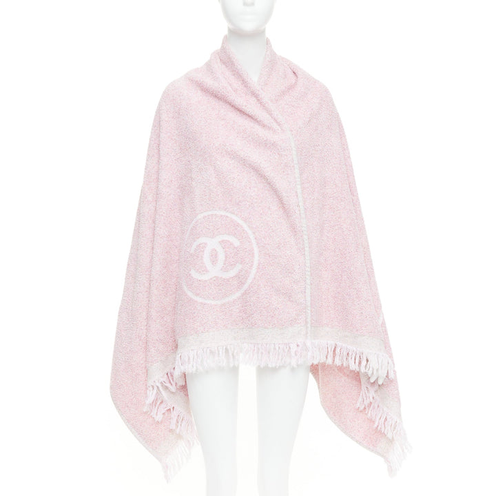 CHANEL Vintage Cruise pink cotton boucle white CC logo fringe trim beach towel