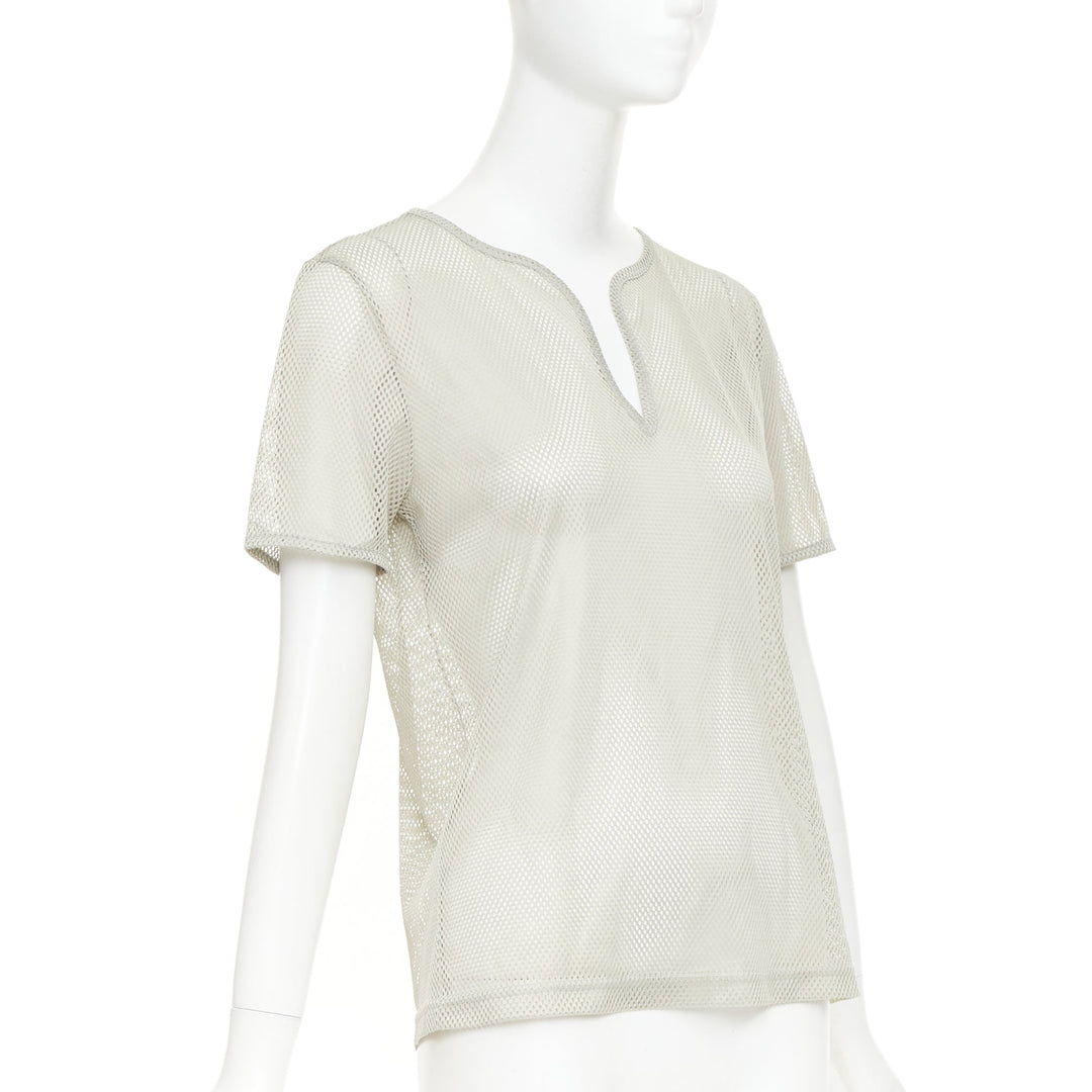 CHANEL SPORTS 03P Vintage grey sheer mesh silver CC logo split neck top FR40 L