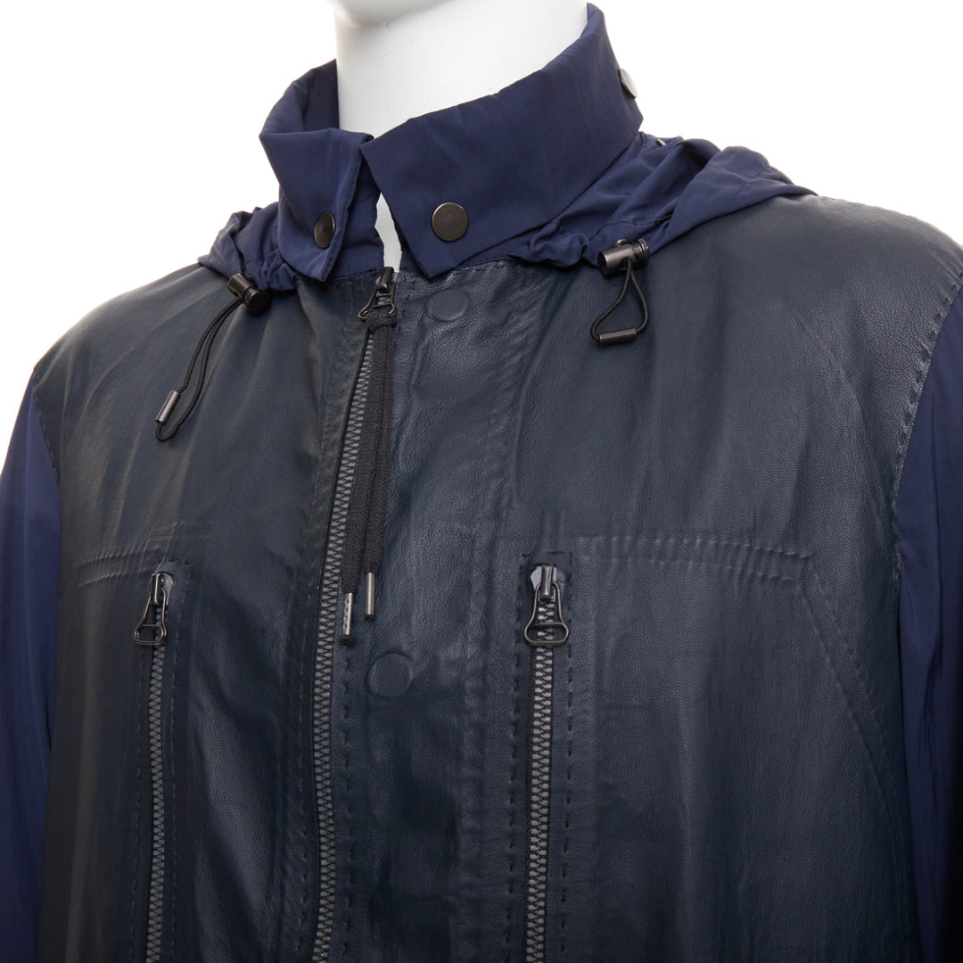 LANVIN black leather panels navy lightweight nylon anorak coat FR48 M