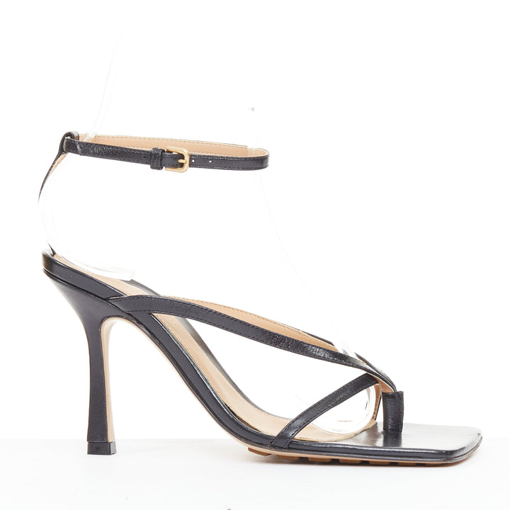 BOTTEGA VENETA Stretch black thong ankle strap square toe heel sandals EU35.5
