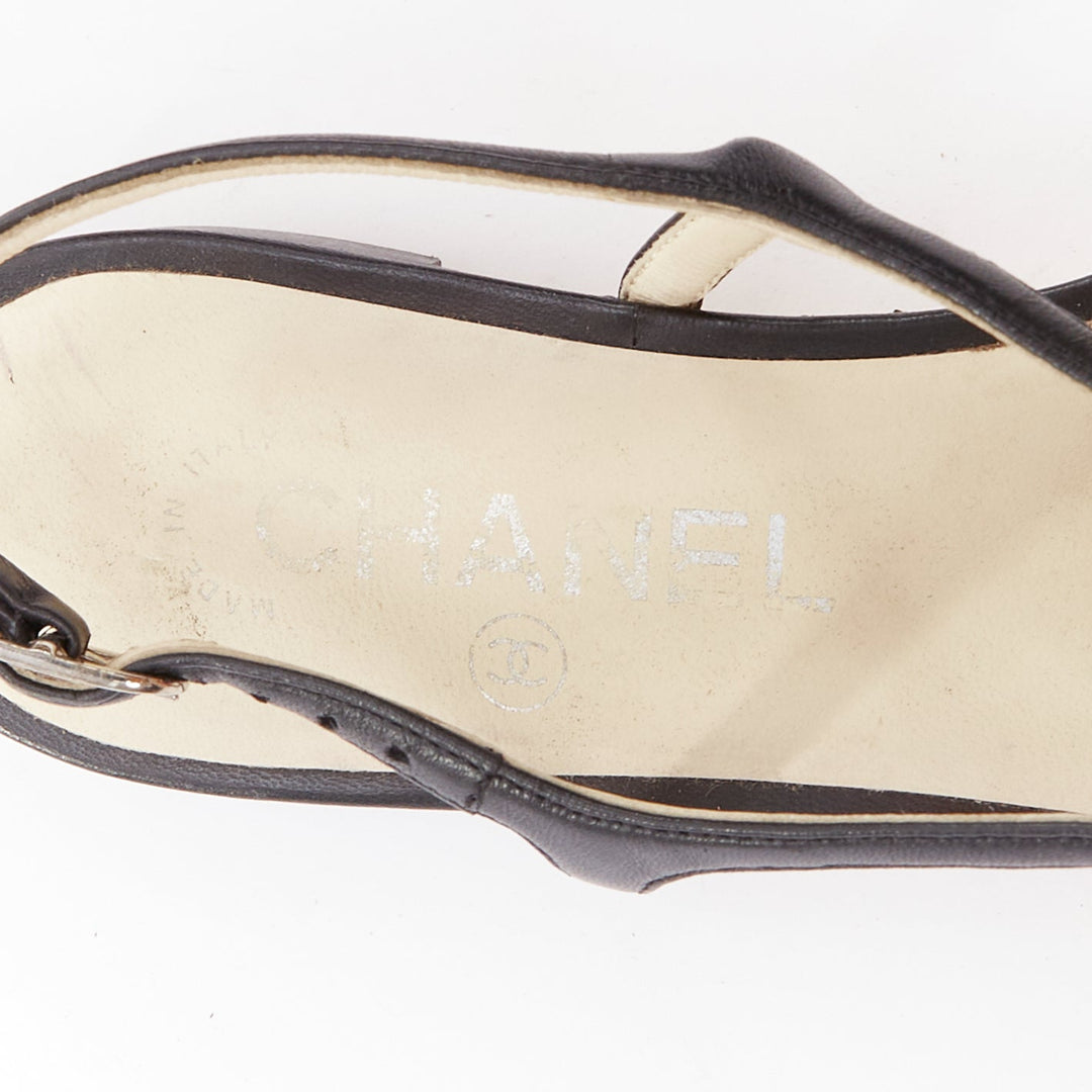 CHANEL black leather silver CC logo camellia flat T strap sandals EU37.5