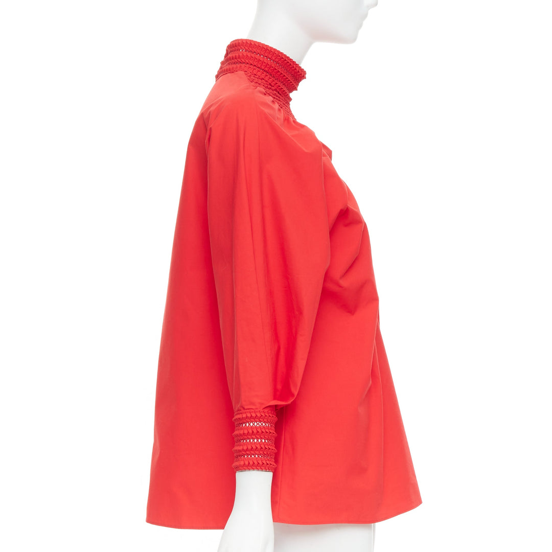 FENDI 2016 Runway red cotton silk ruched knot weave collar peasant top IT38 XS