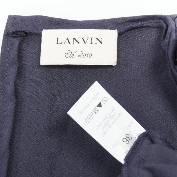 LANVIN 2010 navy ramie cotton drape black belted mini dress FR36 S