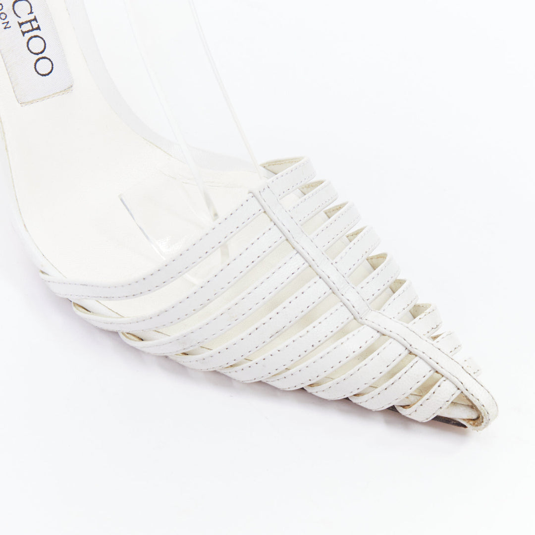 JIMMY CHOO Tamai 100 white leather caged toe criss cross sandals EU36.5