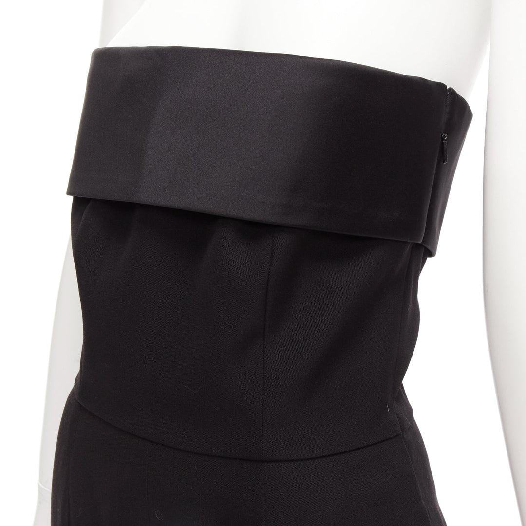 SAINT LAURENT 2014 black virgin wool silk strapless satin panel jumpsuit FR38 M