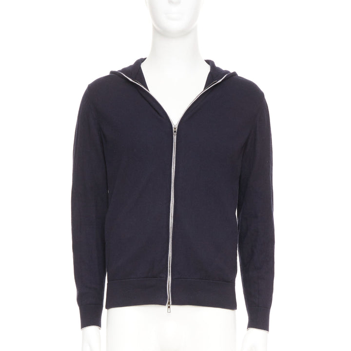 LORO PIANA navy cotton cashmere knit silver zip front hooded sweater hoodie M