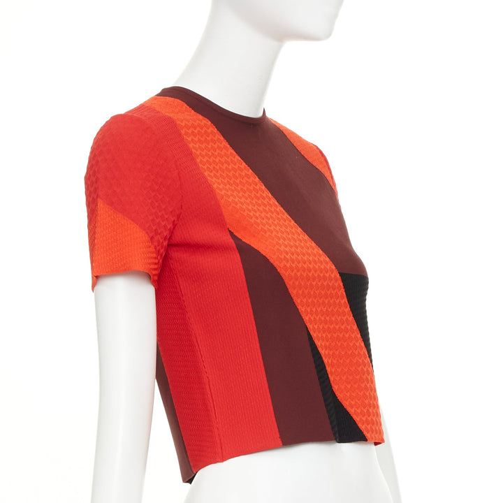ALEXANDER MCQUEEN red colorblock mixed stitch short sleeve crop knit top XS
