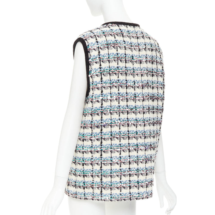 VALENTINO 2024 Mossi cream blue rose multicolour sequin tweed gilet vest  IT42 M