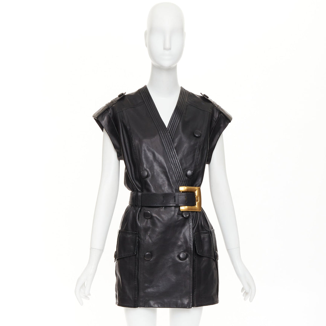 BALMAIN black lambskin leather XL gold buckle belted dress FR34 XXS