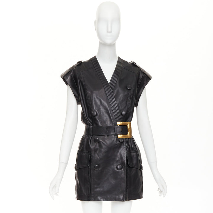 BALMAIN black lambskin leather XL gold buckle belted dress FR34 XXS
