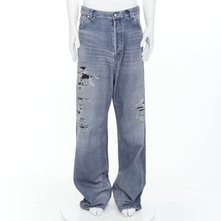 BALENCIAGA Demna 2023 blue tromp loeil jean printed wide leg sweatpants S