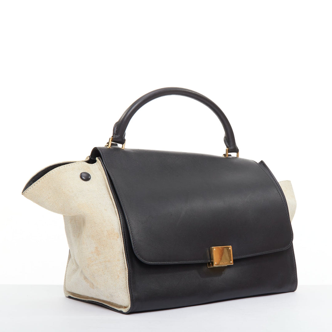 CELINE Trapeze black smooth leather cream canvas crossbody satchel bag