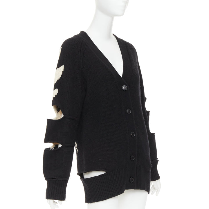 BURBERRY Nyla black cream merino wool cashmere logo intarsia cut out cardigan S