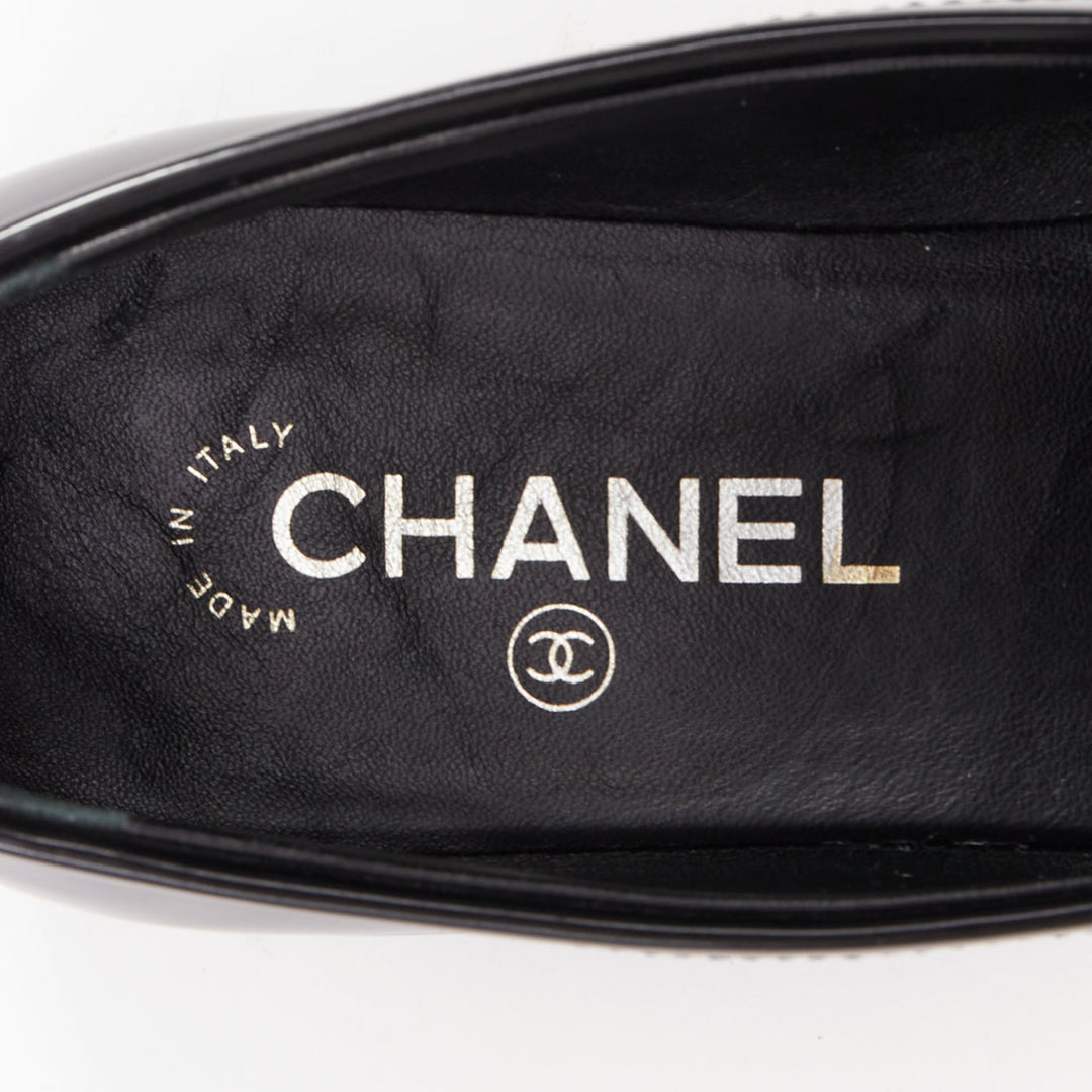 CHANEL 24K Heart CC black  leather quilted platform penny loafers shoes EU39.5