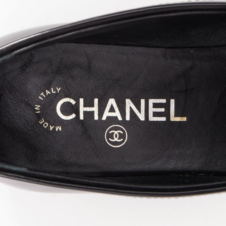 CHANEL 24K Heart CC black  leather quilted platform penny loafers shoes EU39.5