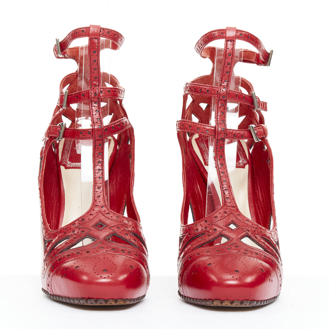 CHRISTIAN DIOR John Galliano Vintage red caged T-strap pump heels EU37