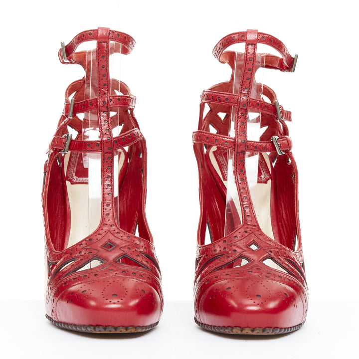 CHRISTIAN DIOR John Galliano Vintage red caged T-strap pump heels EU37