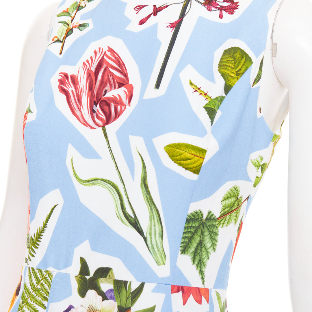 CAROLINA HERRERA light blue floral collage print sleeveless faille dress US4 S