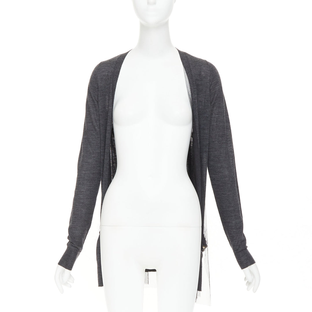 VERA WANG grey wool black tulle lined crystal embellished cardigan sweater