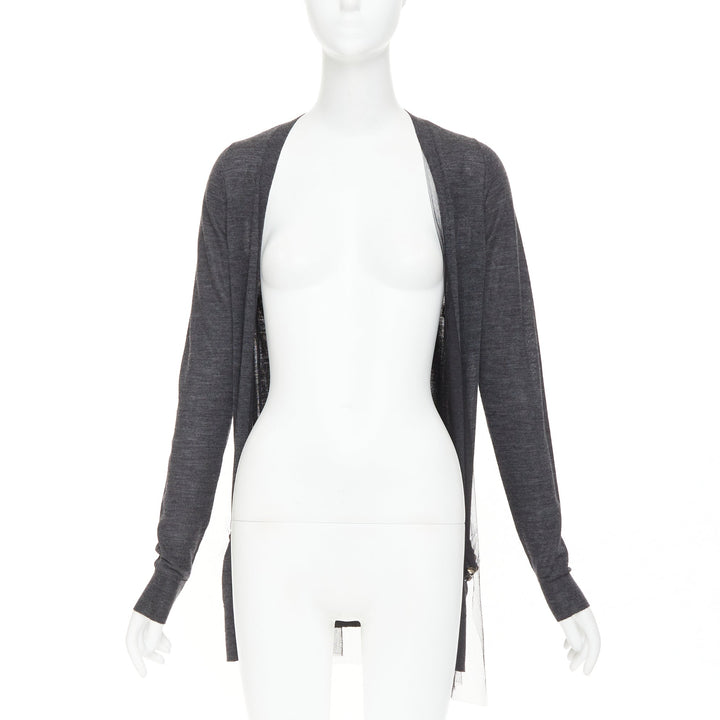 VERA WANG grey wool black tulle lined crystal embellished cardigan sweater